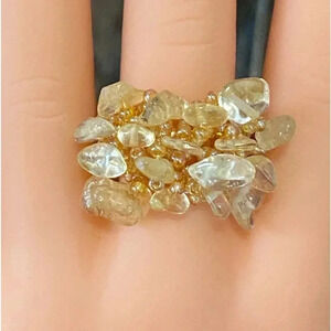 Gold Golden Handmade Seed Bead and Stone Chips Stretch Ring